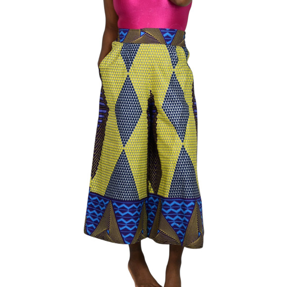 Grass Fields Ankara Wide Leg Crop Pants Yellow Gaucho African Print Small Medium - Picture 15 of 15